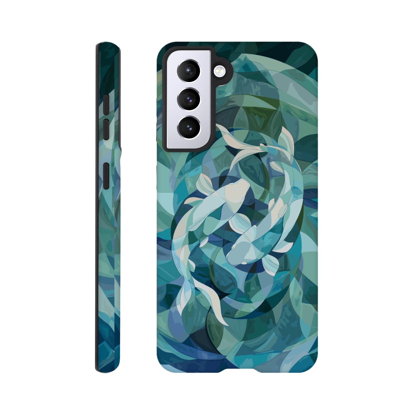 A Samsung Galaxy S21 Phone Case with the following design on it : A representation of the Pisces zodiac sign depicted as follows - A geometric abstract painting of fish swimming in circles, using shades and shapes to create the illusion that they form an endless circle. The color palette is soft with pastel blues and greens, giving it a calming effect. This artwork symbolizes motion, energy flow, chaos theory, infinite reflection, balance between movement and stillness