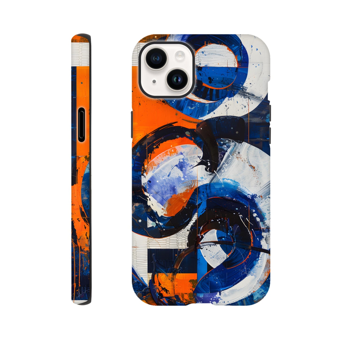 An Apple iPhone 14 Plus Phone Case with the following design on it : An abstract painting of circles and squares in orange, blue and white, with an overall sense of movement and vitality. The background is collage-like, with elements such as textures, lines, stripes, scribbles and splashes of paint, along with irregular shapes