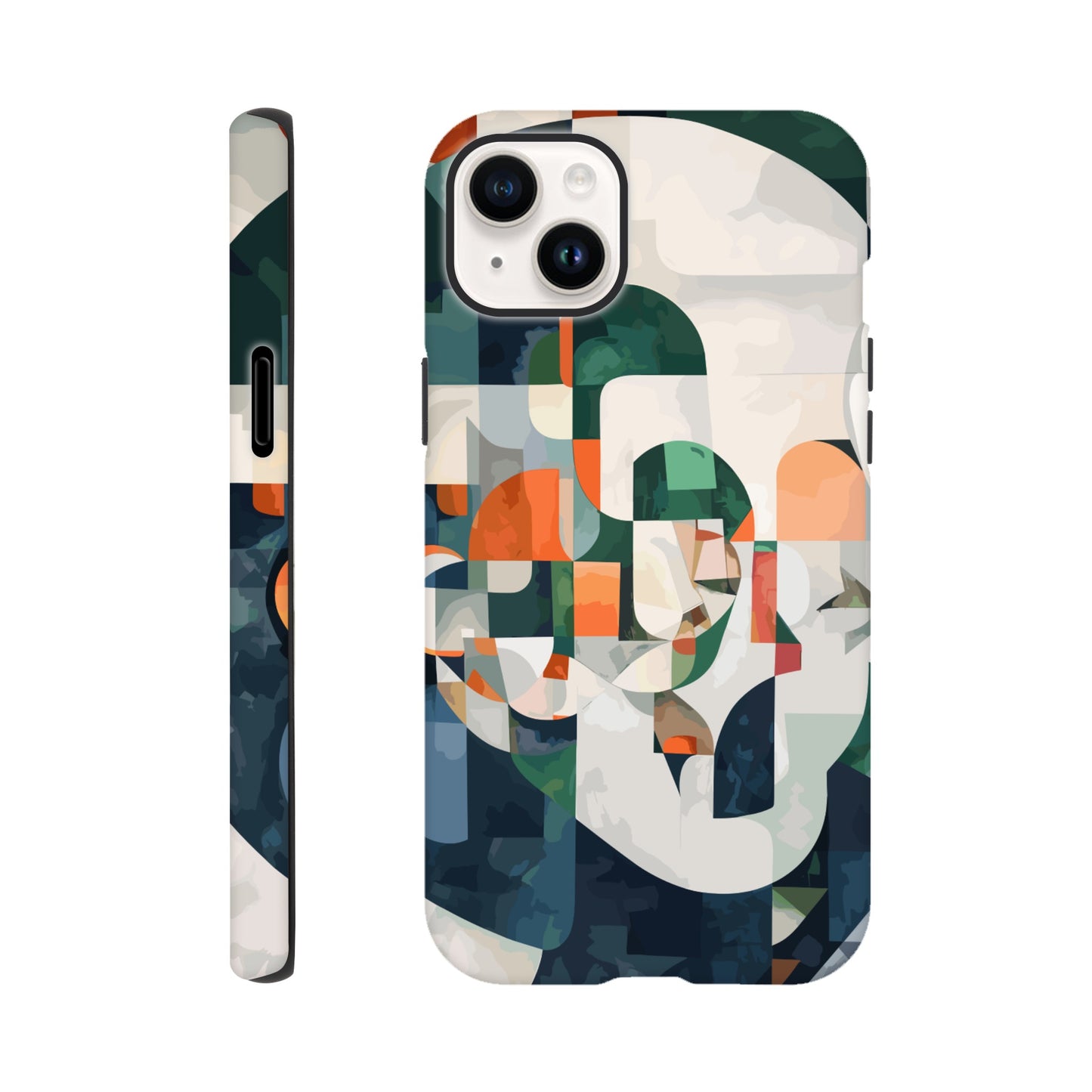 An iPhone 14 Plus Phone Case with the following design on it -A cubist-inspired portrait. The face is composed of geometric shapes and forms, with an abstract background that features soft gradients in shades of green, orange, blue, white, and grey. Abstract patterns surround the figure to create depth and movement against an emerald color palette.