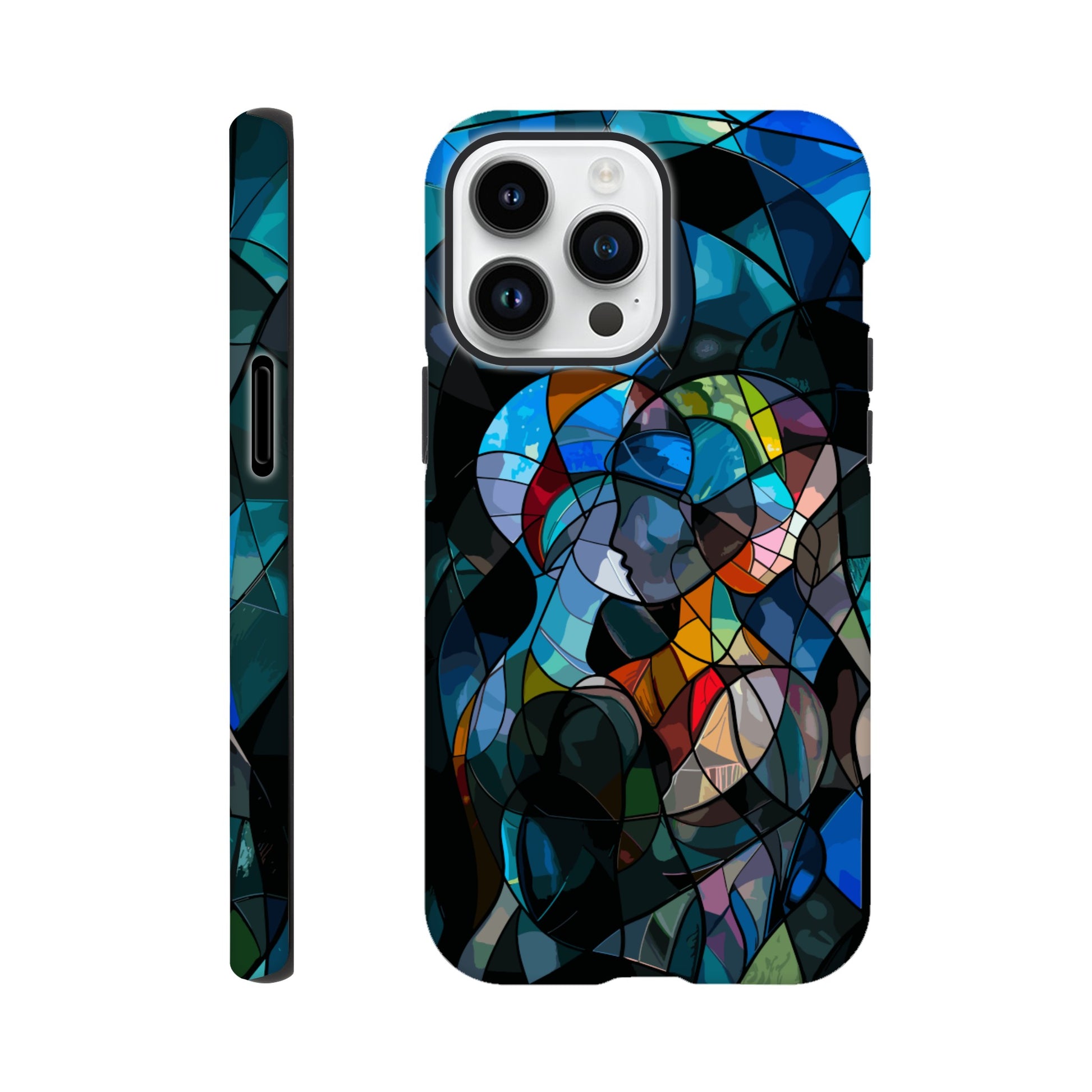 An Apple iPhone 14 Pro Max Phone Case with the following design: stained glass window of two people hugging, in the style of cubism, abstract shapes and lines, vibrant colors, dark background, hyper realistic 