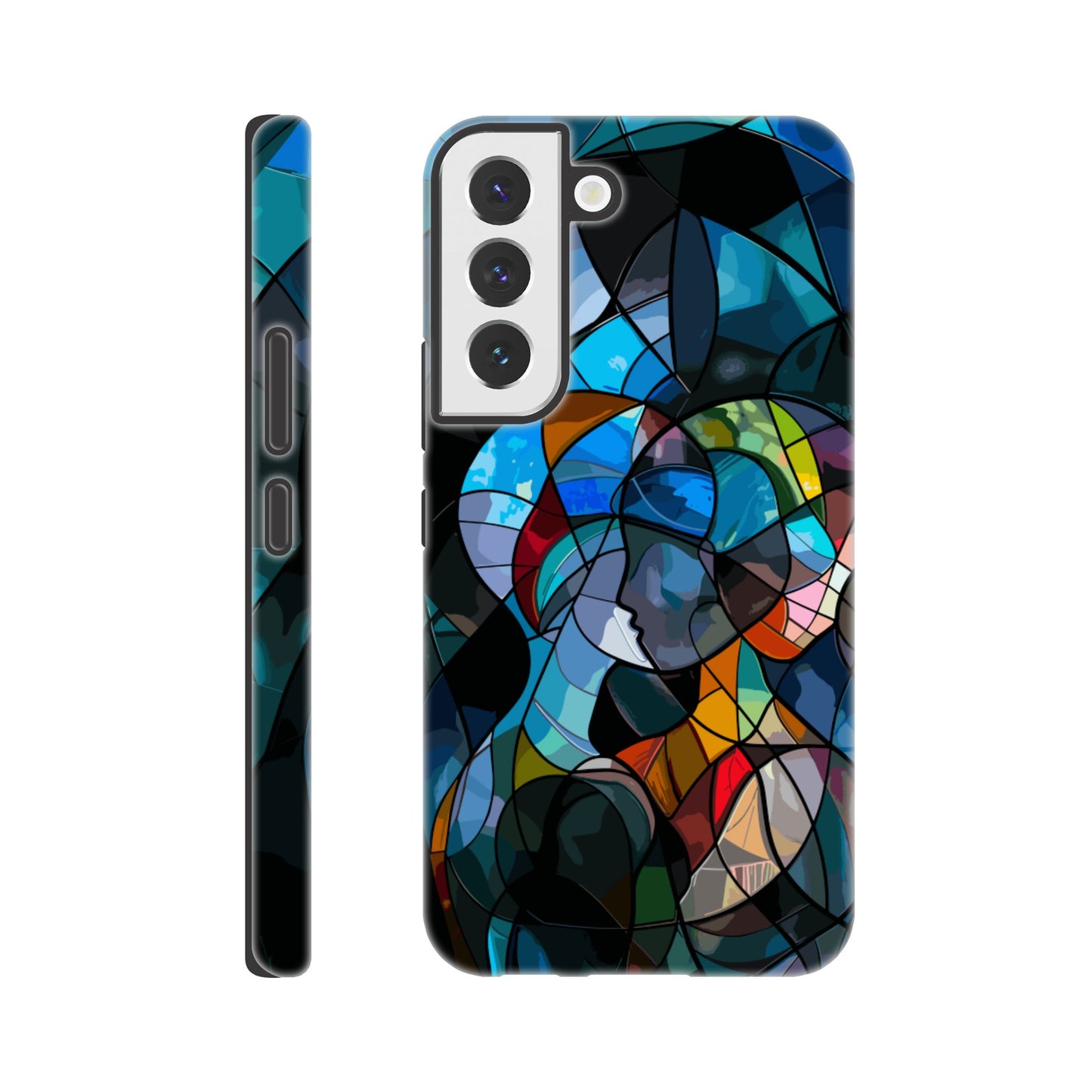 A Samsung Galaxy S22 Phone Case with the following design: stained glass window of two people hugging, in the style of cubism, abstract shapes and lines, vibrant colors, dark background, hyper realistic 