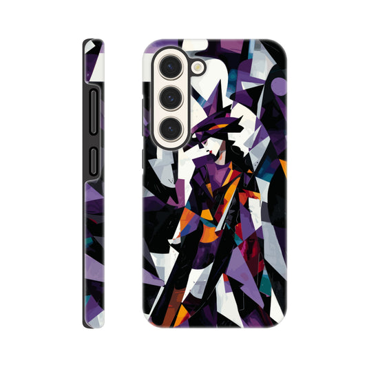 A Samsung Galaxy S23 Phone Case with the following design on it : geometric and abstract design of a figure with sharp angles and vibrant colors, primarily purple, black, white, and orange.