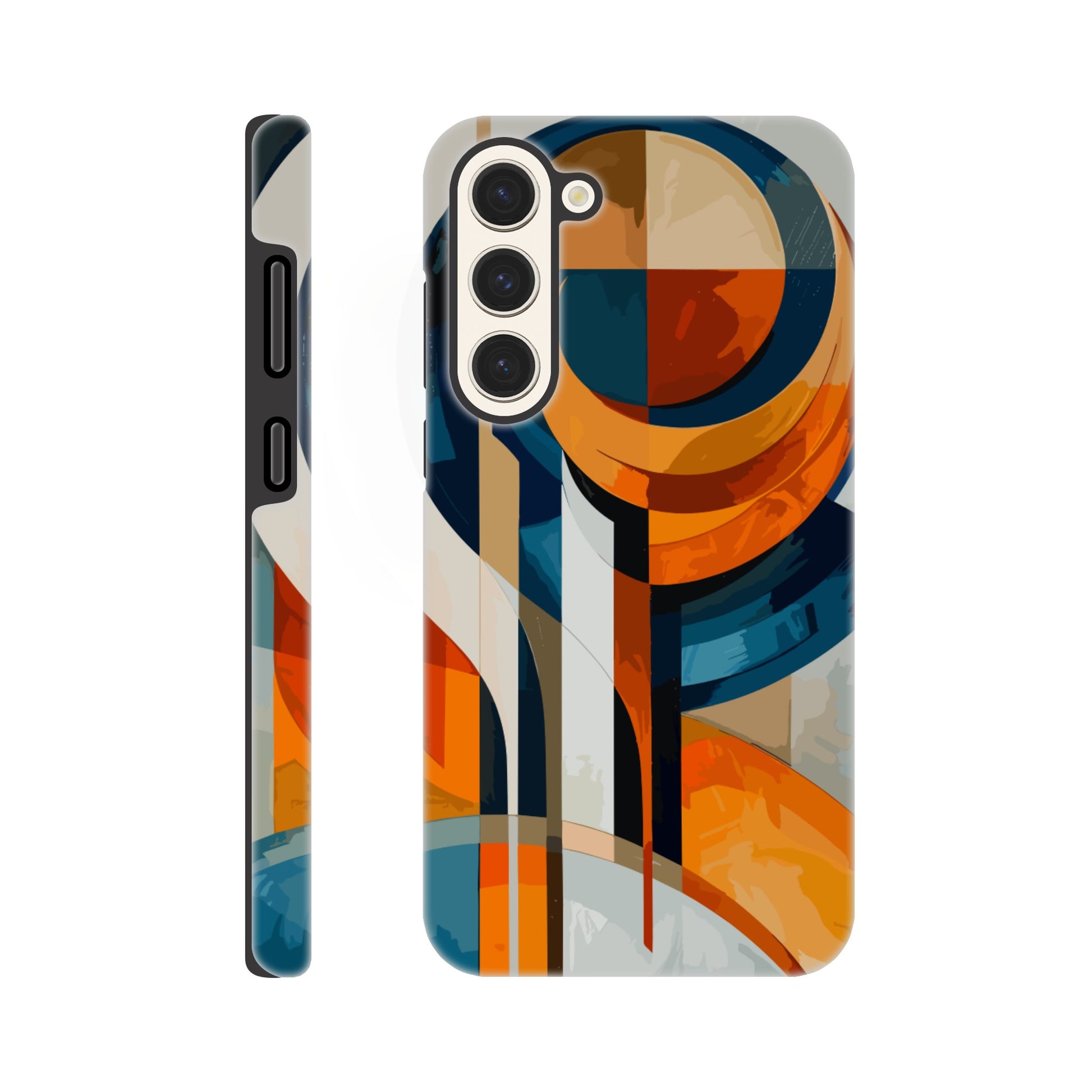 A Samsung Galaxy S23 Plus Phone Case with the following design on it: An abstract painting of an orange, blue and white circular design with lines in the style of cubism. The shapes create visual harmony by creating balance between soft curves and sharp angles. It uses flat color to give depth through gradients. There is an emphasis on the use of light and shadow. In some places there's an airbrush effect.