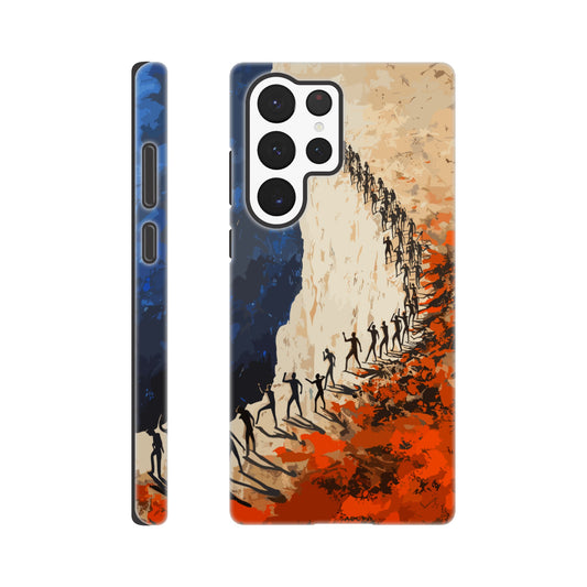 A Samsung Galaxy S22 Ultra Phone Case with the following design on it: a very large group of human forms all pointing in different directions as they are marching towards a cliff, royal blue, white, red, orange, style of fauvism