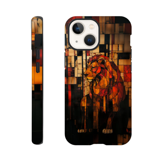 An Apple iPhone 13 Mini Phone Case with the following design on it - The Zodiac symbol for Leo - a Lion made of geometric shapes, composed of red and brown blocks. The background is dark with a blurred effect. In the style of stained glass