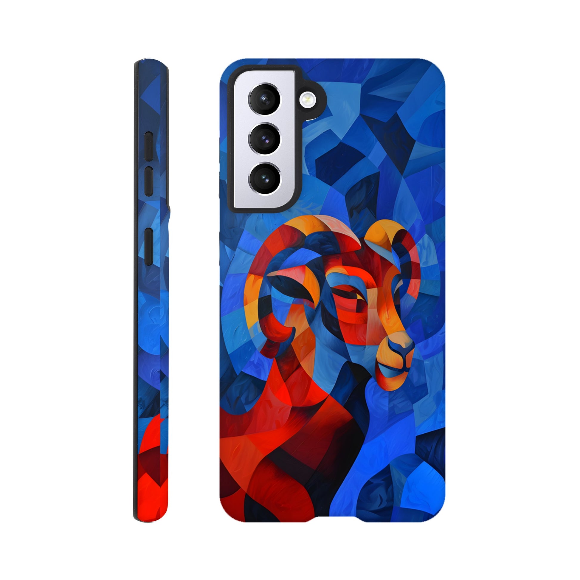 A Samsung Galaxy S21 Phone Case  with a design of an Aries astrological sign- a Ram, in the style of cubism, blue, red,