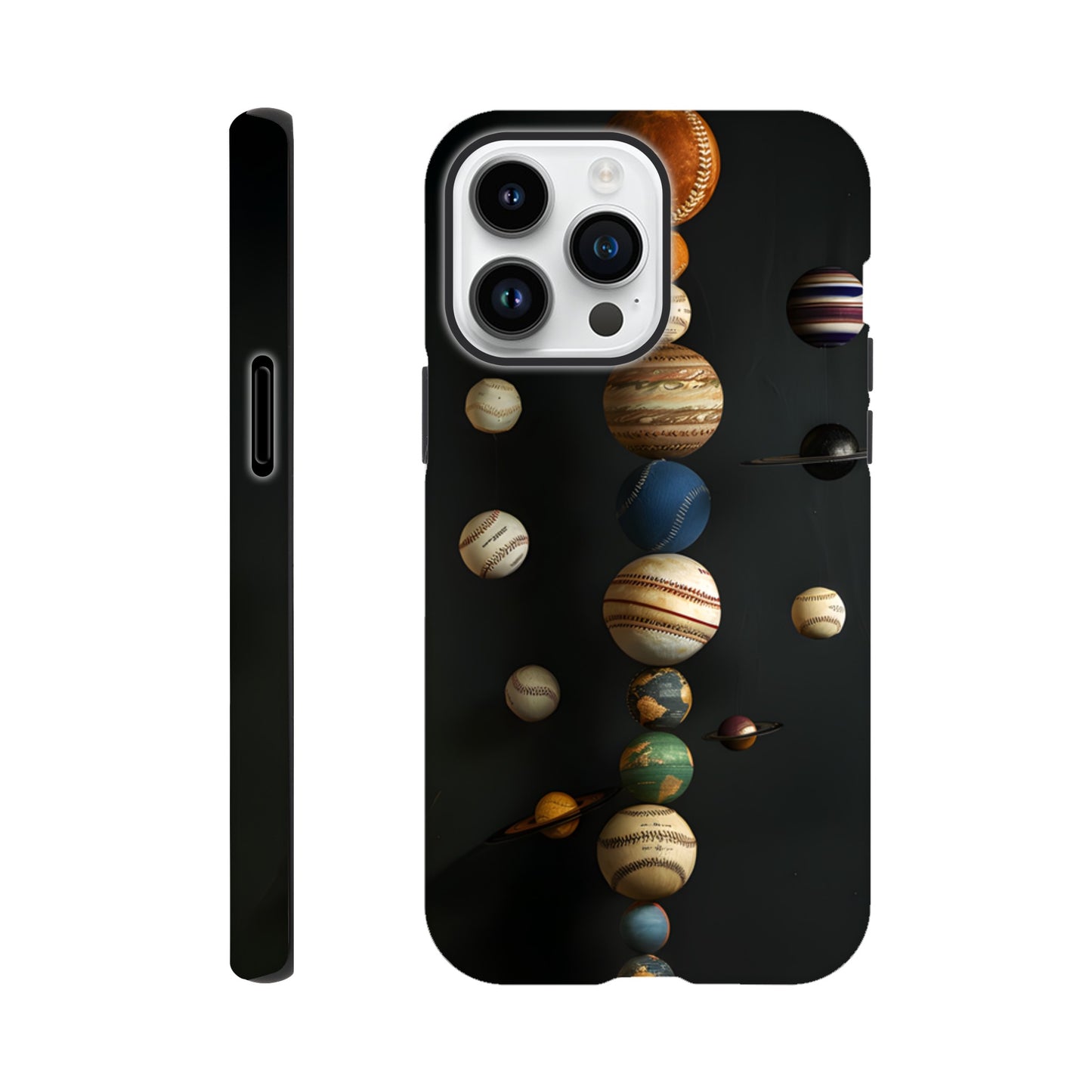 An Apple iPhone 14 Pro Max phone case with a design depicting our solar system with baseballs in place of planets