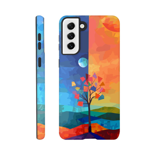 A Samsung Galaxy S21 Plus Phone Case with the following design on it : A landscape with two distinct color blocks representing day and night, featuring the sun on one side and the moonlight on the other, with a tree in between, depicted as geometric shapes and colors in the style of abstract art, with vibrant and contrasting colors, a modern digital painting