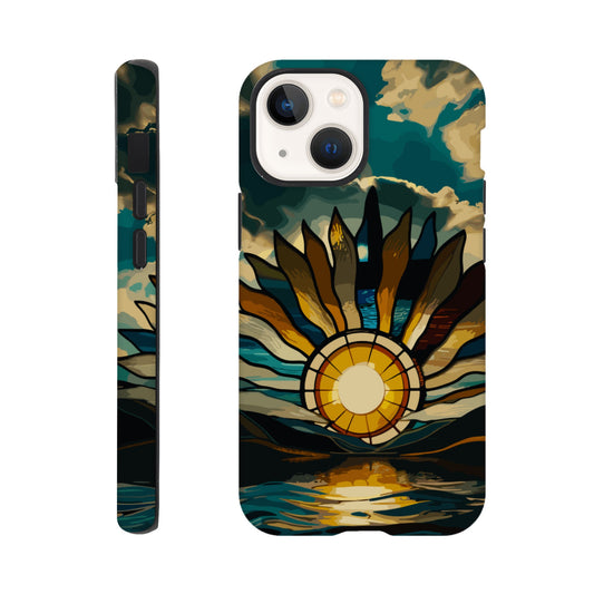 An iPhone 13 Mini Phone Case with the following design on it: A giant stained glass sun, with rays of light reflecting on the water below, in a cinematic, epic, fantasy art style