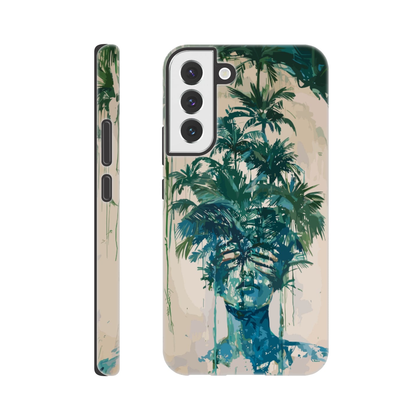 A Samsung Galaxy S22 Plus phone case with the following design -the soulless look on the face of either a female or male human form that is self possessed and obscured by a dozen palm trees, green, blue, white, surrealism meets fauvism