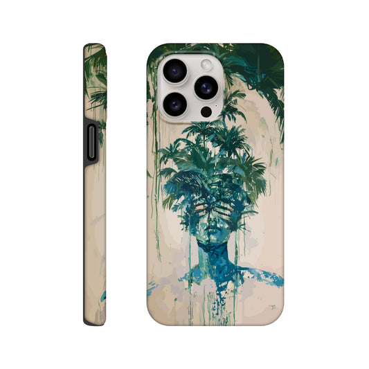 An Apple iPhone 15 Pro Max phone case with the following design on it -the soulless look on the face of either a female or male human form that is self possessed and obscured by a dozen palm trees, green, blue, white, surrealism meets fauvism