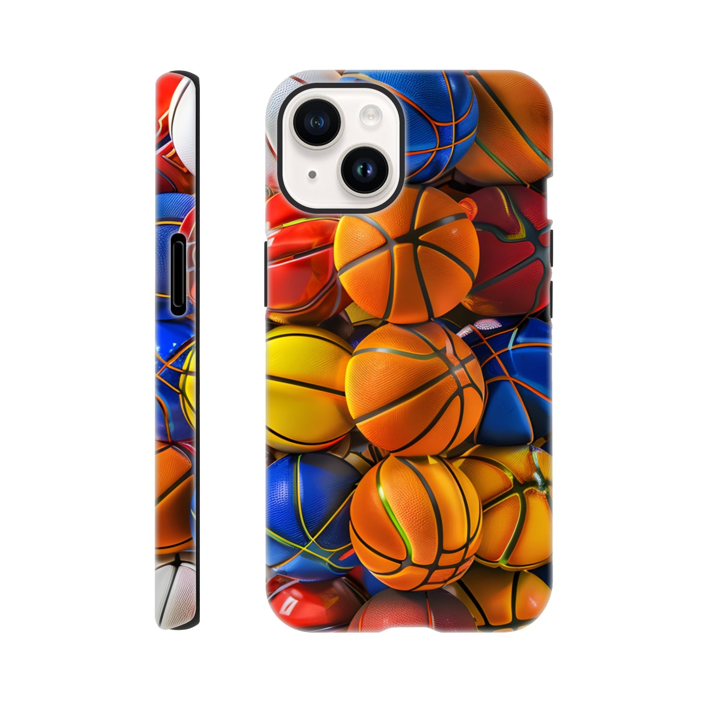 An Apple iPhone 14 Phone Case adorned with an image of a lot of basketballs, of a variety of primary colors, in the form of cube