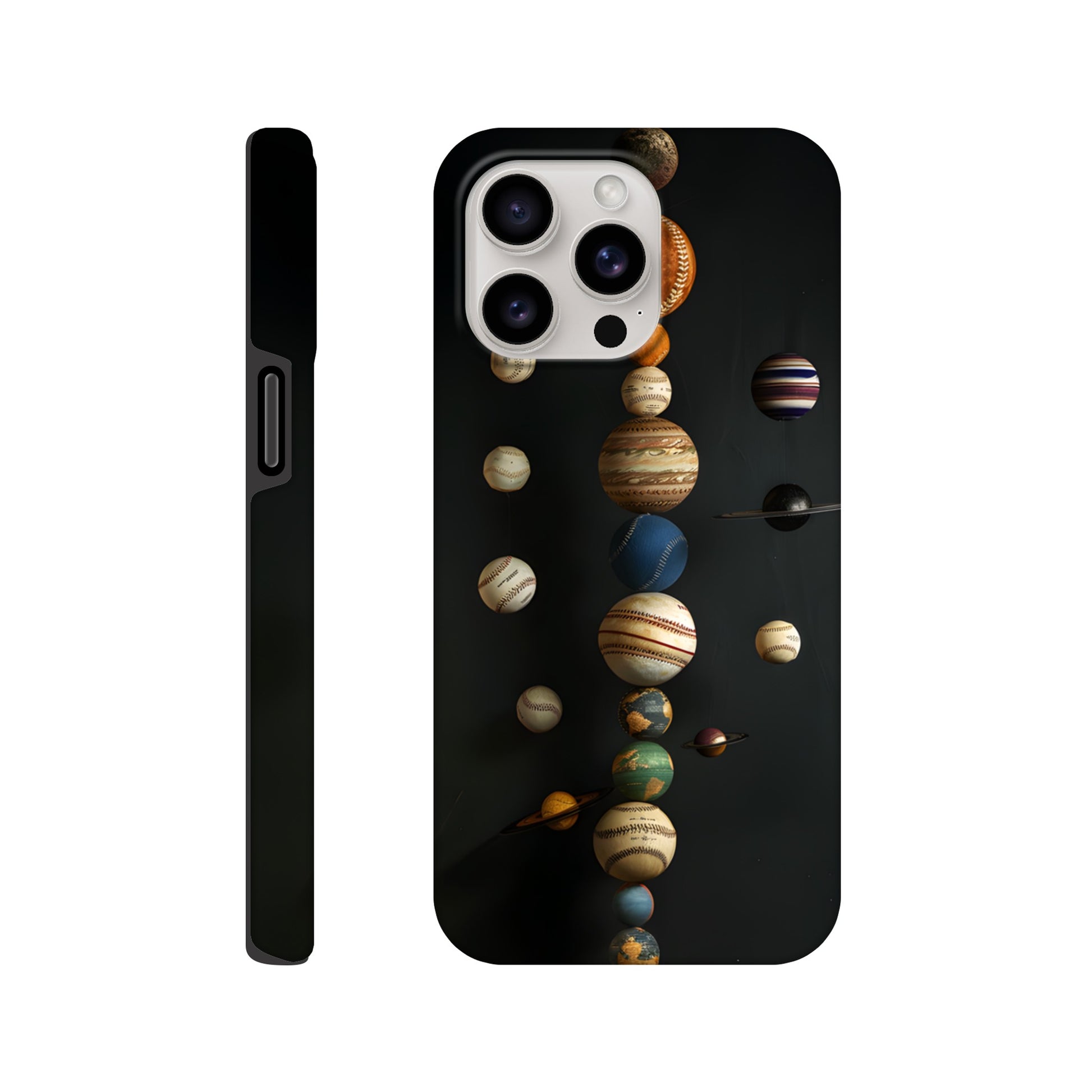 An Apple iPhone 15 Pro Max phone case with a design depicting our solar system with baseballs in place of planets