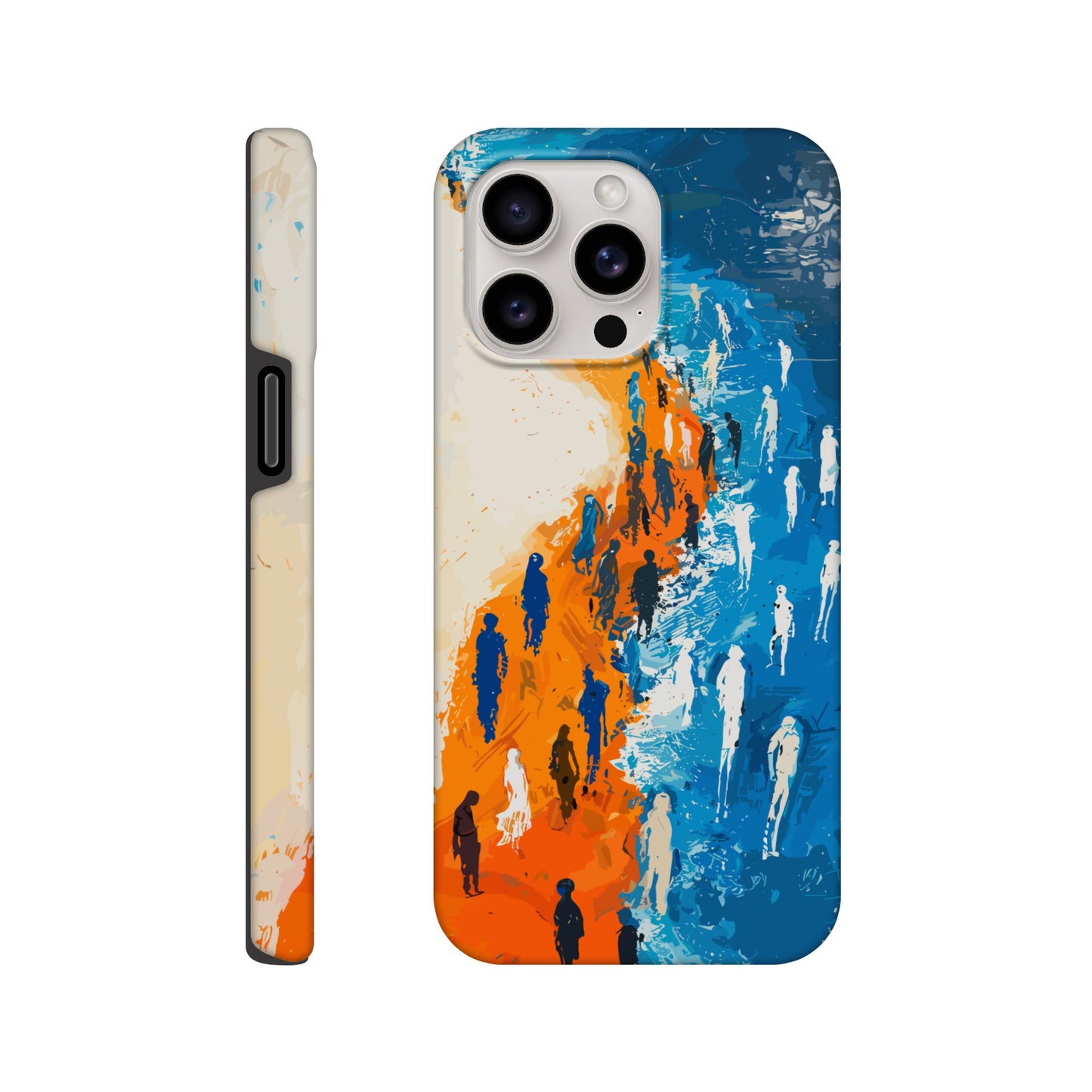 An iPhone 15 Pro Max Phone Case with the following design on it - the Sahara desert pouring into a beautiful ocean while a large group of non distinct human forms wade through the shallows as well as walk along the new shore, blue, orange, white, style of fauvism