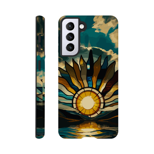 A Samsung Galaxy S21 Phone Case with the following design on it: A giant stained glass sun, with rays of light reflecting on the water below, in a cinematic, epic, fantasy art style