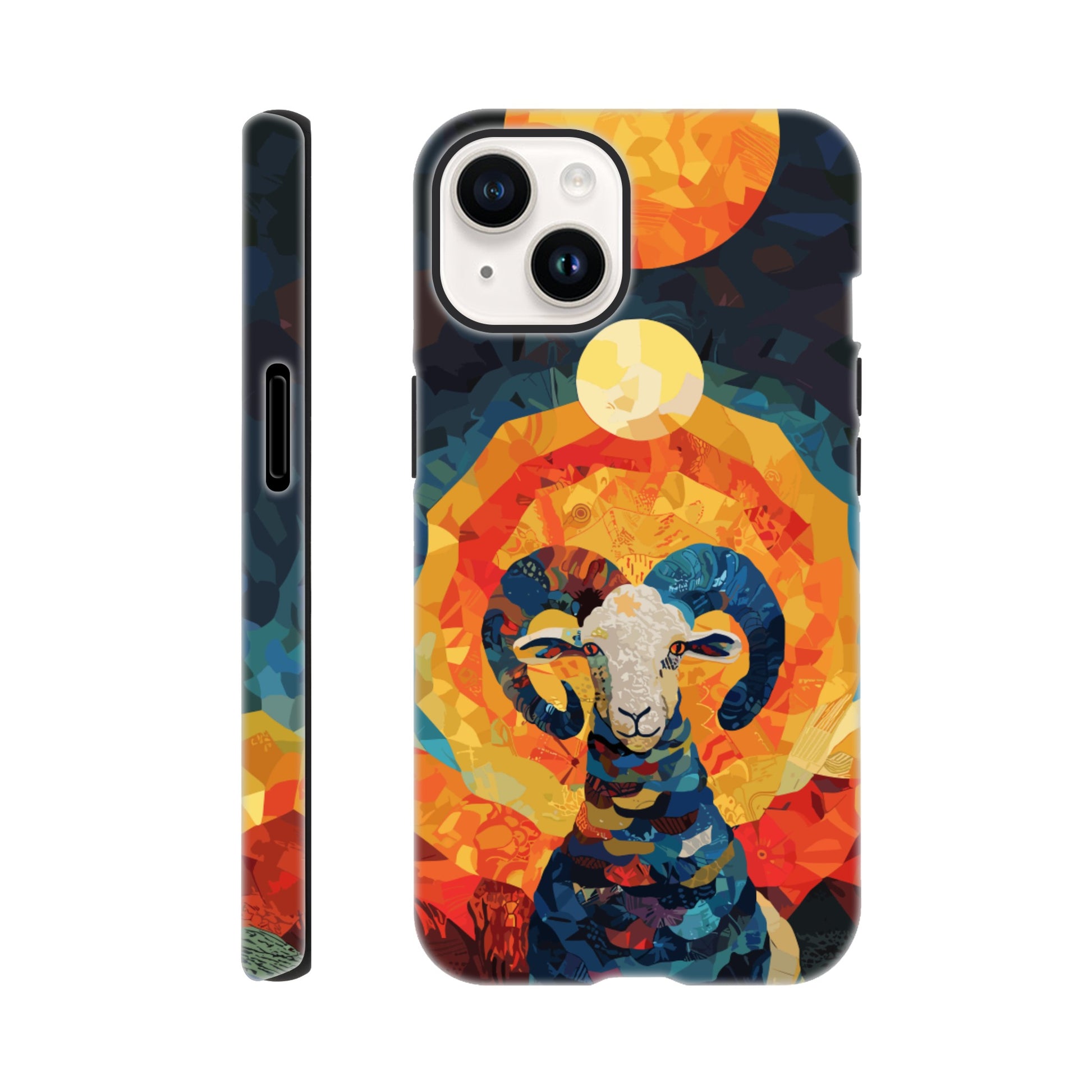 An Apple iPhone 14 Phone Case with the following design on it - A Ram is facing towards you. There is a large Sun above the Ram even though it appears to be nighttime and a small moon as well, the style is art nouveau with very vibrant primary colors.