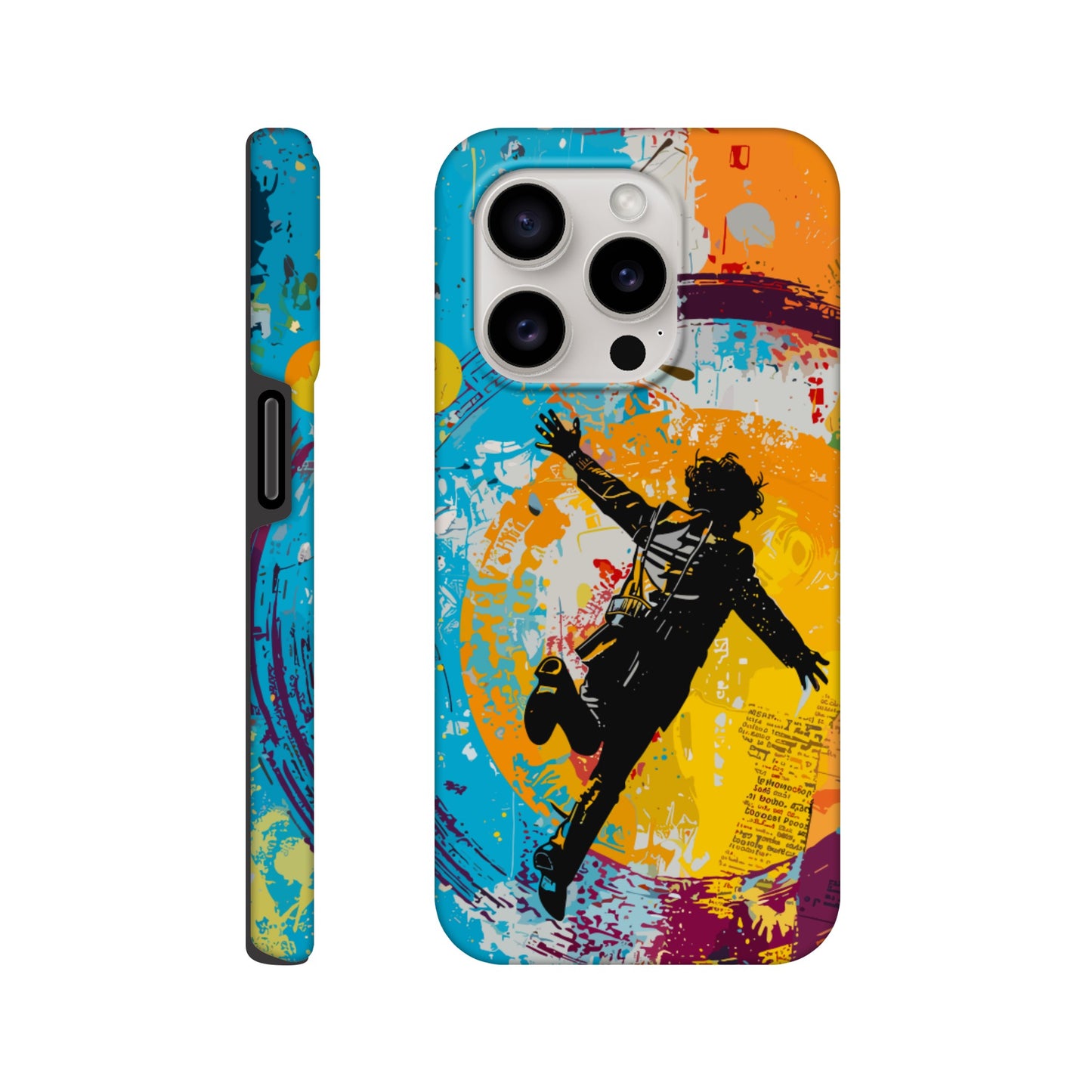 An Apple iPhone 15 Pro Phone Case with the following design on it -A graffiti style painting of the back of a human male in a suit falling in mid-air, with bold colors. The background is filled with vibrant splashes of color and newspaper texture in the style of American pop art