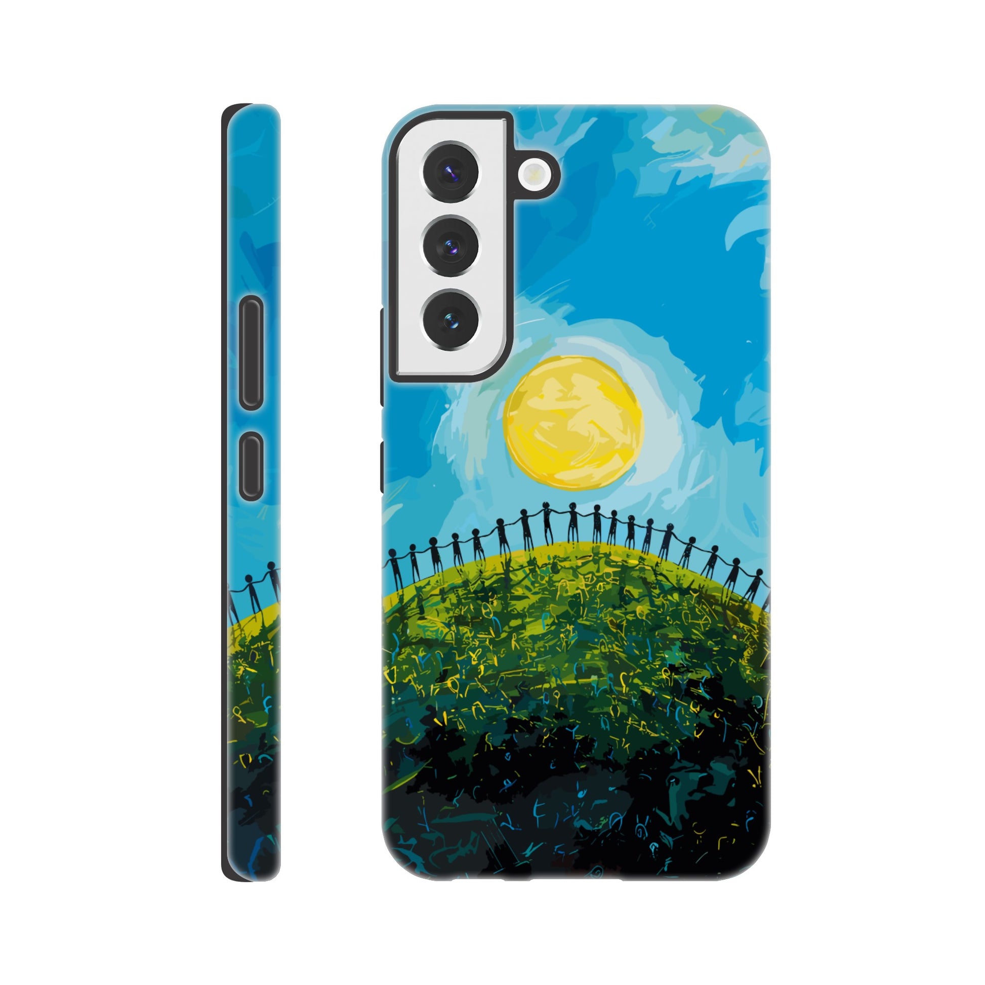 A Samsung Galaxy S22 Phone Case with the following design on it : a large group of dozens of non distinct human forms holding hands under a bright sun on a beautiful green hill with a beautiful blue sky above, pop art