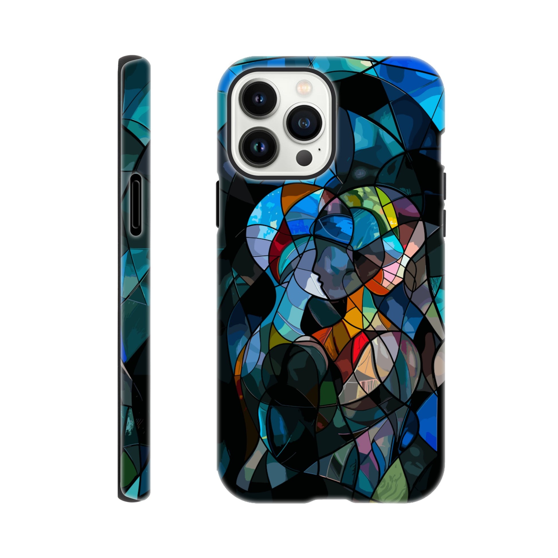 An Apple iPhone 13 Pro Max Phone Case with the following design: stained glass window of two people hugging, in the style of cubism, abstract shapes and lines, vibrant colors, dark background, hyper realistic 