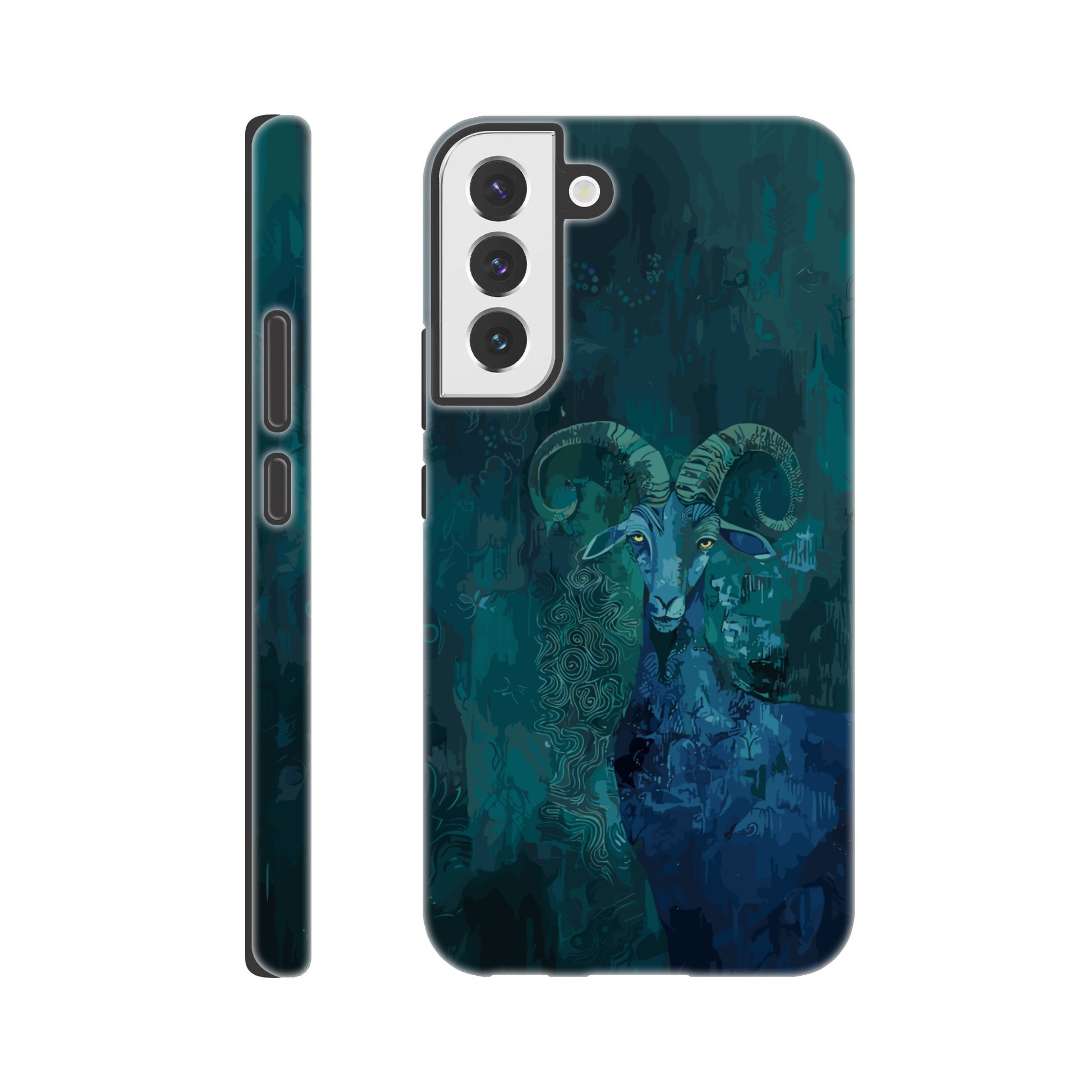 A Samsung Galaxy S22 Plus Phone Case with the following design on it - a Sea Goat, the symbol of the zodiac sign for capricorn, fabric painting, dark green, indigo