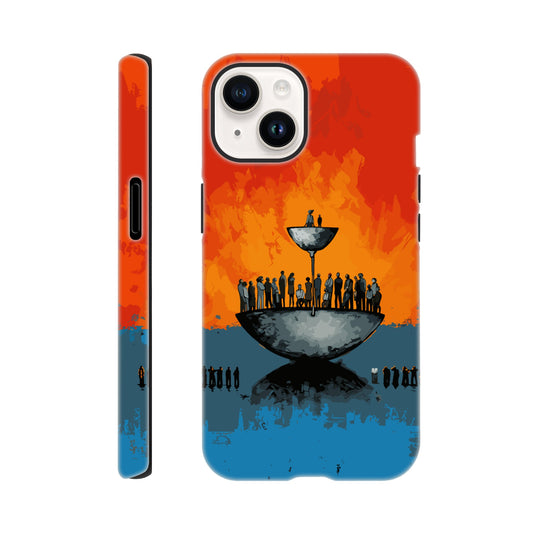 An Apple iPhone 14 Phone Case with the following design on it - A large person is sitting in a bowl of a weighing scale. There is a larger bowl beneath this with lots of people in it. Income Inequality is theme, pop art, blue, orange, black, and red