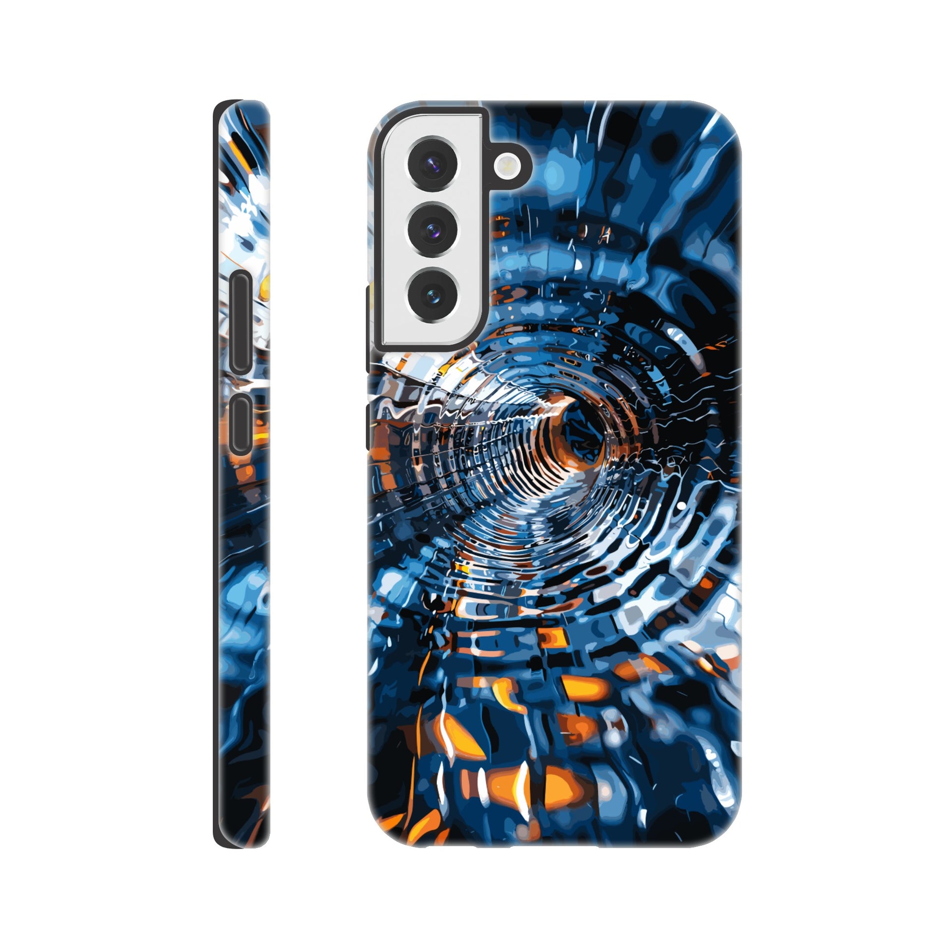 A Samsung Galaxy S22 Plus Phone Case with the following design on it: abstract futuristic tunnel made of chrome and glass, motion blur, dark blue background, orange highlights. The tunnel was created in the style of an abstract futuristic design using chrome and glass with a motion blur effect against a dark blue background highlighted with orange