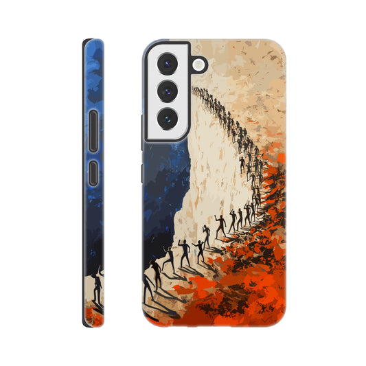 A Samsung Galaxy S22 Phone Case with the following design on it: a very large group of human forms all pointing in different directions as they are marching towards a cliff, royal blue, white, red, orange, style of fauvism