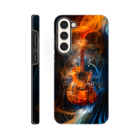 A Samsung Galaxy S23 Plus Phone Case with the following design on it: A Koa Guitar with musical notes swirling around it, blue and red smoke swirling around both the Guitar and notes, in the style of a digital art, dark blue background, orange glow on guitar, symmetrical composition, high resolution, hyper realistic, high contrast, vibrant colors, detailed textures of wood and strings