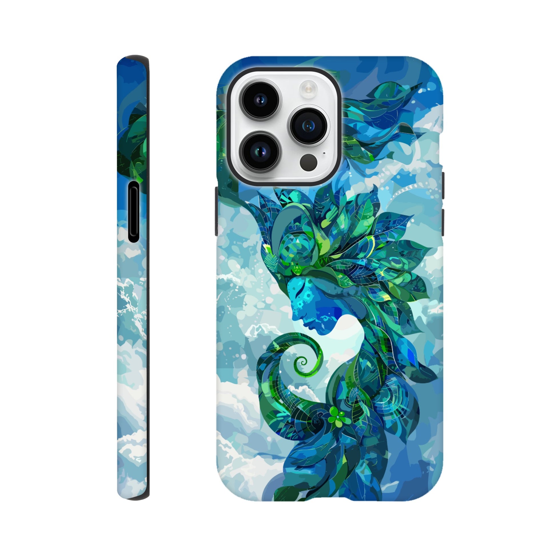 An Apple iPhone 14 Pro Max Phone Case with the following design on it: digital illustration of the symbol for the Zodiac symbol for Virgo, abstract Maiden, swirling in the sky with clouds and blue background, vibrant green and dark blues, digital art style, detailed shading, intricate details, fantasy elements, fantasy-inspired designs, fantasy realism