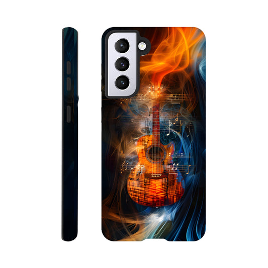 A Samsung Galaxy S21 Phone Case with the following design on it: A Koa Guitar with musical notes swirling around it, blue and red smoke swirling around both the Guitar and notes, in the style of a digital art, dark blue background, orange glow on guitar, symmetrical composition, high resolution, hyper realistic, high contrast, vibrant colors, detailed textures of wood and strings