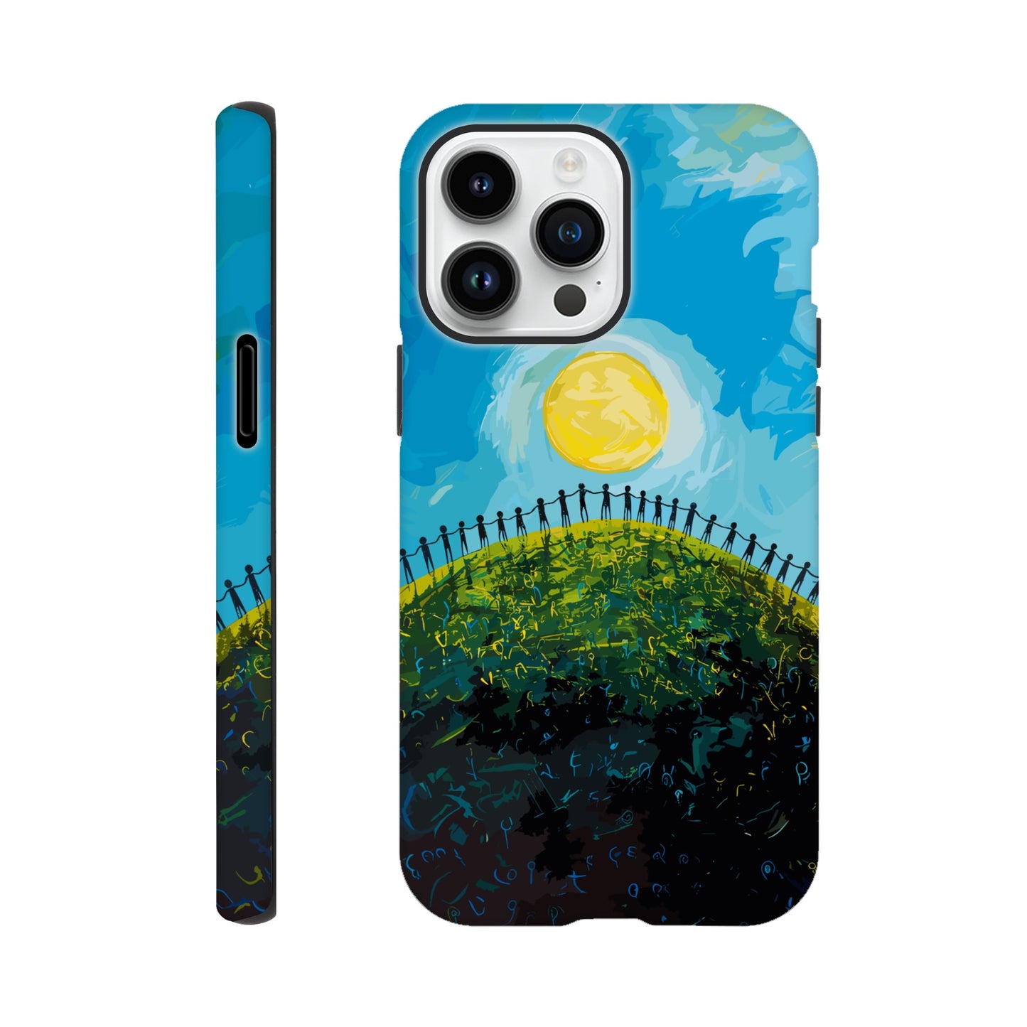 An Apple iPhone 14 Pro Max Phone Case with the following design on it : a large group of dozens of non distinct human forms holding hands under a bright sun on a beautiful green hill with a beautiful blue sky above, pop art