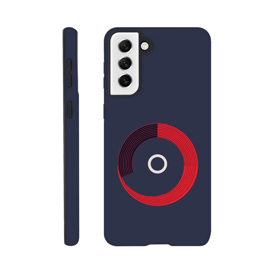 A Samsung Galaxy S21 Plus Phone Case with the following design on it: a red circle with black curved lines in the circle that make it look like bleachers from above on a navy blue background, there is a white letter circle in the center, a sleek and modern appearance, subtle gradients for depth effect