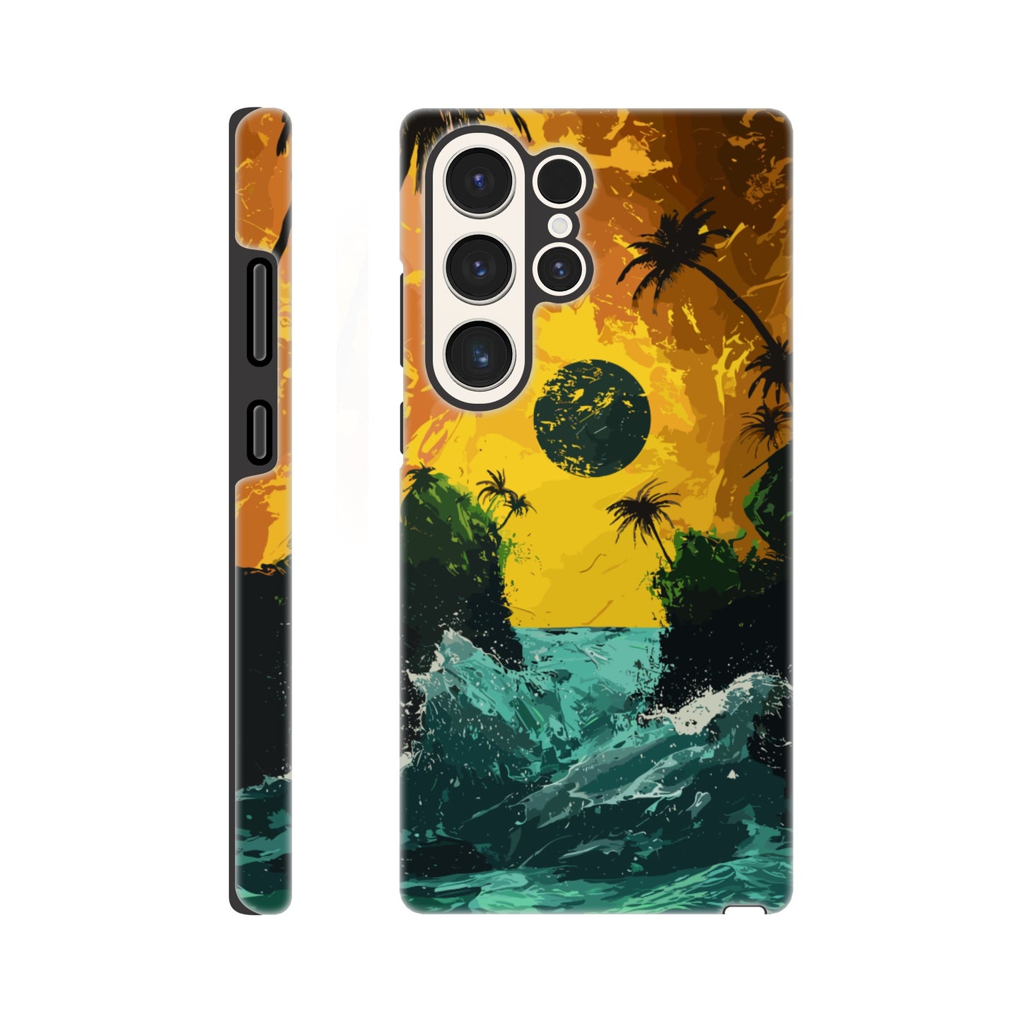 A Samsung Galaxy S23 Ultra Phone Case with the following design on it - Two green islands separated by a violent royal green sea: yellow orangish sky: black sun, alien looking palm trees, surrealism