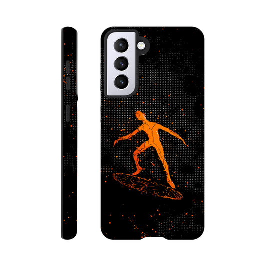 A Samsung Galaxy S21 Phone Case with the following design on it : orange glowing silhouette of a male surfer against a black background, in the style of digital art, dark orange and light amber, pointillist dot paintings, high resolution, symmetrical grid-like patterns, minimalist figures, glitched edges