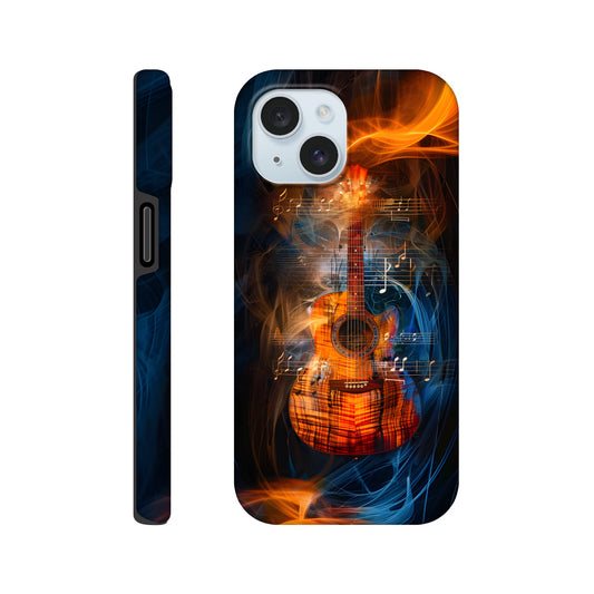 An Apple iPhone 15 Phone Case with the following design on it: A Koa Guitar with musical notes swirling around it, blue and red smoke swirling around both the Guitar and notes, in the style of a digital art, dark blue background, orange glow on guitar, symmetrical composition, high resolution, hyper realistic, high contrast, vibrant colors, detailed textures of wood and strings