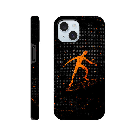 An Apple iPhone 15 Phone Case with the following design on it : orange glowing silhouette of a male surfer against a black background, in the style of digital art, dark orange and light amber, pointillist dot paintings, high resolution, symmetrical grid-like patterns, minimalist figures, glitched edges