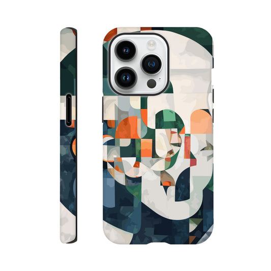 An iPhone 14 Pro Phone Case with the following design on it -A cubist-inspired portrait. The face is composed of geometric shapes and forms, with an abstract background that features soft gradients in shades of green, orange, blue, white, and grey. Abstract patterns surround the figure to create depth and movement against an emerald color palette.