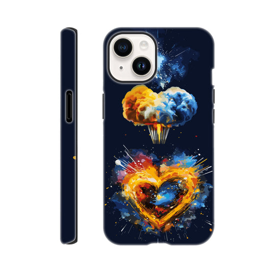 An Apple iPhone 14 Phone Case with the following design on it - heart shaped milky way galaxy with a nuclear mushroom cloud emanating from the heart, pop art, royal blue, yellow, white, silver, black, orange