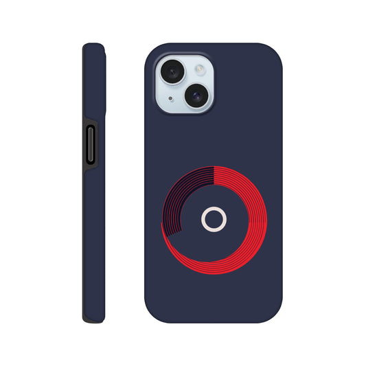 An Apple iPhone 15 Phone Case with the following design on it: a red circle with black curved lines in the circle that make it look like bleachers from above on a navy blue background, there is a white letter circle in the center, a sleek and modern appearance, subtle gradients for depth effect