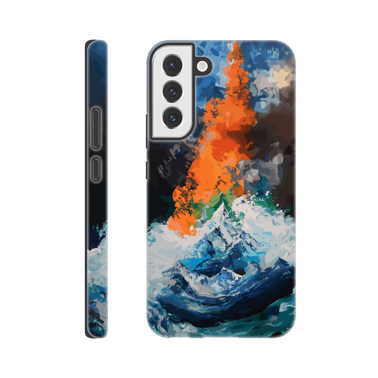 A Samsung Galaxy S22 Plus Phone Case with the following design on it - the Mariana Trench engulfing Mount Everest, cartoonish surrealism, blue, white, green, orange, black