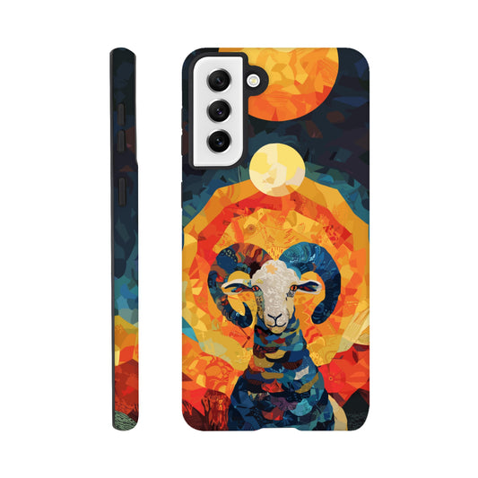 A Samsung Galaxy S21 Plus Phone Case with the following design on it - A Ram is facing towards you. There is a large Sun above the Ram even though it appears to be nighttime and a small moon as well, the style is art nouveau with very vibrant primary colors.