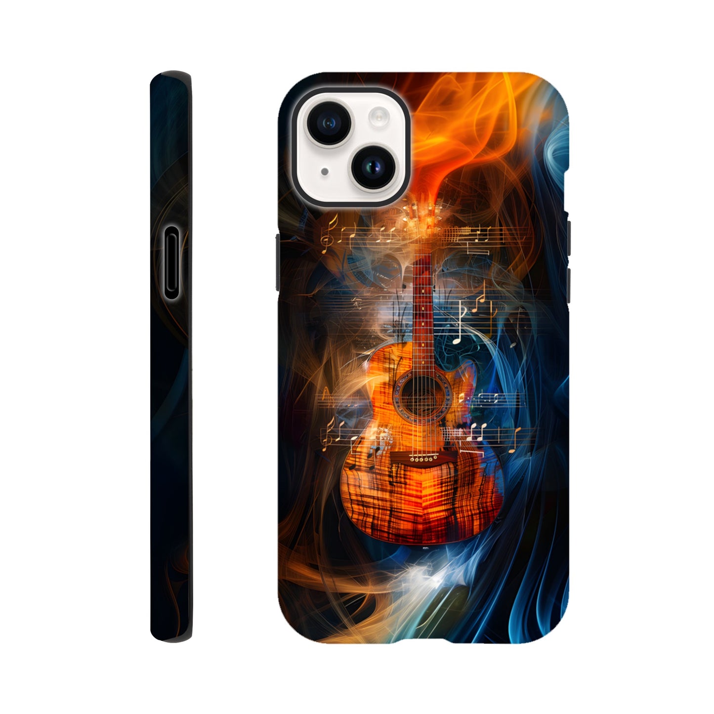 An Apple iPhone 14 Plus Phone Case with the following design on it: A Koa Guitar with musical notes swirling around it, blue and red smoke swirling around both the Guitar and notes, in the style of a digital art, dark blue background, orange glow on guitar, symmetrical composition, high resolution, hyper realistic, high contrast, vibrant colors, detailed textures of wood and strings