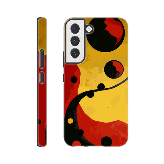 A Samsung Galaxy S22 Phone Case with the following design on it - Abstract painting of yellow, red and black dots on the wall in an art deco style. The background is a dark gradient from light to deep yellow. In the foreground there's a swirl with three circles that resemble multiple shapes within each other, giving it depth. It has organic curves but also geometric elements.