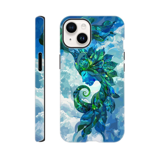 An Apple iPhone 14 Phone Case with the following design on it: digital illustration of the symbol for the Zodiac symbol for Virgo, abstract Maiden, swirling in the sky with clouds and blue background, vibrant green and dark blues, digital art style, detailed shading, intricate details, fantasy elements, fantasy-inspired designs, fantasy realism