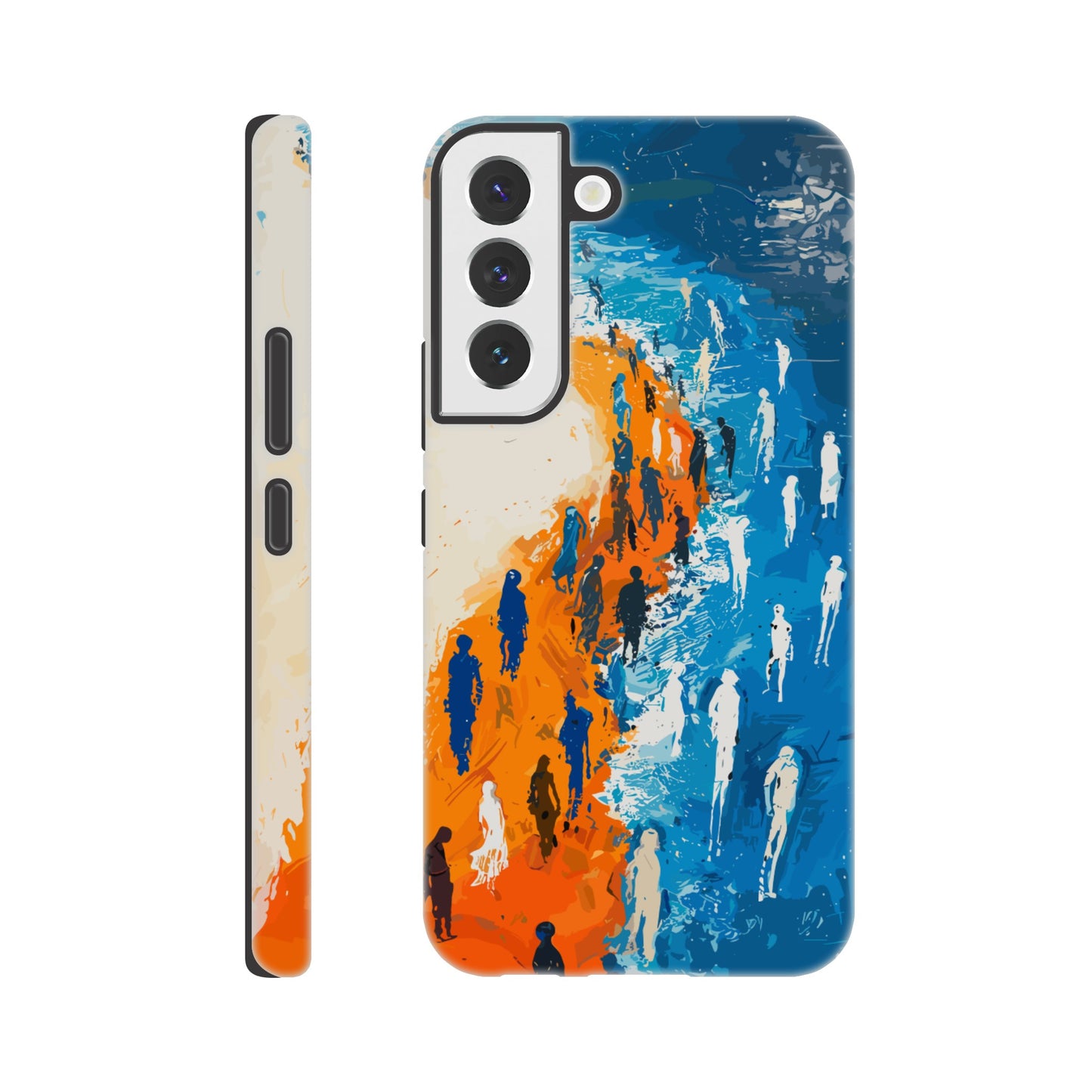 A Samsung Galaxy S22 Phone Case with the following design on it - the Sahara desert pouring into a beautiful ocean while a large group of non distinct human forms wade through the shallows as well as walk along the new shore, blue, orange, white, style of fauvism