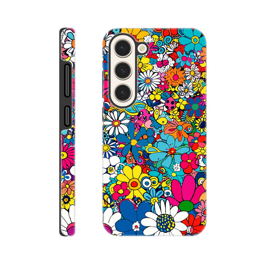 A Samsung Galaxy S23 Phone Case with the following design on it : Lots of retro looking flowers of multiple colors with no discernible arrangement against a white background. 