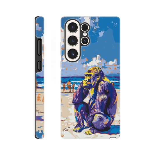 A Samsung Galaxy S23 Ultra with a design of a Gorilla at the beach thinking while a diverse group of people stroll along the beach in the background, royal blue, orange, purple, yellow, white, fauvism meets pop art