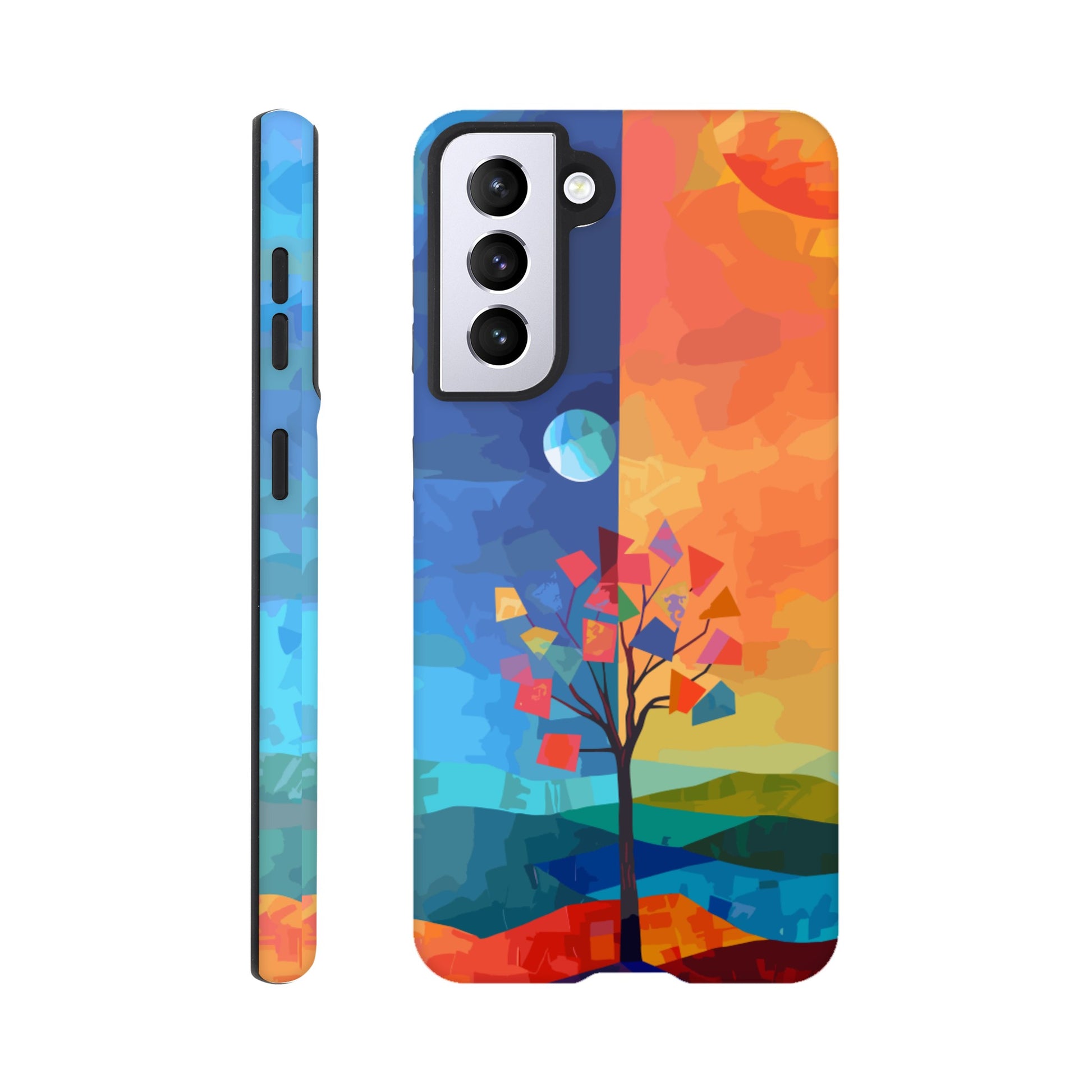 A Samsung Galaxy S21 Phone Case with the following design on it : A landscape with two distinct color blocks representing day and night, featuring the sun on one side and the moonlight on the other, with a tree in between, depicted as geometric shapes and colors in the style of abstract art, with vibrant and contrasting colors, a modern digital painting