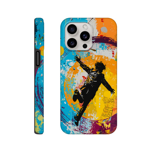 An Apple iPhone 15 Pro Max Phone Case with the following design on it -A graffiti style painting of the back of a human male in a suit falling in mid-air, with bold colors. The background is filled with vibrant splashes of color and newspaper texture in the style of American pop art