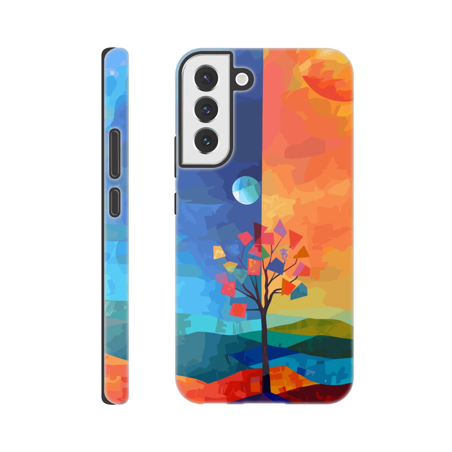 A Samsung Galaxy S22 Plus Phone Case with the following design on it : A landscape with two distinct color blocks representing day and night, featuring the sun on one side and the moonlight on the other, with a tree in between, depicted as geometric shapes and colors in the style of abstract art, with vibrant and contrasting colors, a modern digital painting